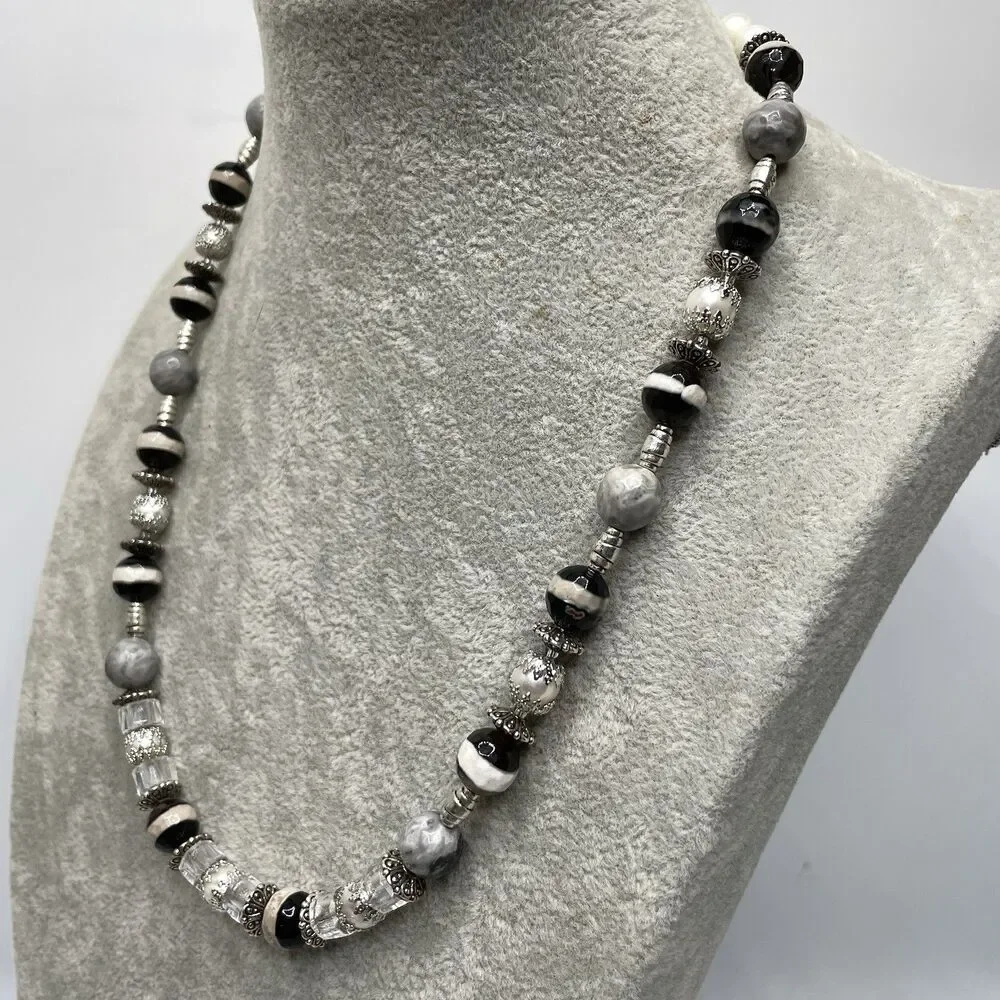 Stunning Agate Picasso Jasper Freshwater Pearl Beaded Necklace Silver Plated
